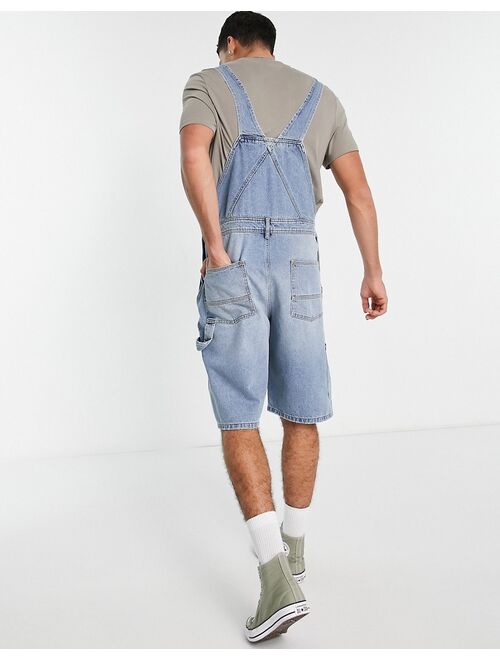 Topman denim overall shorts in mid wash