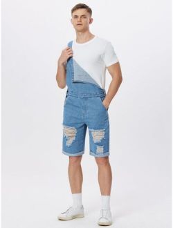 Men Ripped Rolled Hem Denim Overall Without Tee