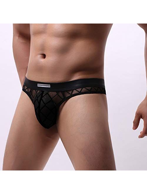 DIANWEI Men's Breathable Mesh Briefs Underwear Naughty Bulge Pouch Panties Quick Dry Comfortable Low Waist T-Back Thongs