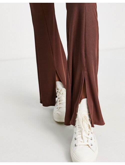 New Look ribbed split front flare pants in brown