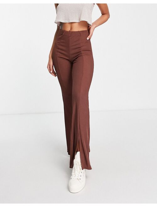 New Look ribbed split front flare pants in brown