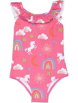 Kids Unicorns & Rainbows Ruffle Sleeve Swimsuit (Toddler/Little Kids/Big Kids)