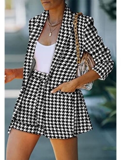 Huisifang 2 Piece Outfits for Women Long Sleeve Solid Open Front Blazer Shorts with Belt Casual Elegant Business Suit Sets