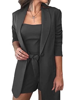 Huisifang 3 Piece Blazer Sets for Women Open Front Button Blazer + Crop Tops + Shorts Bottoms with Belt Business Suit Sets