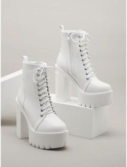 Minimalist Lace Up Front Chunky Heeled Combat Boots