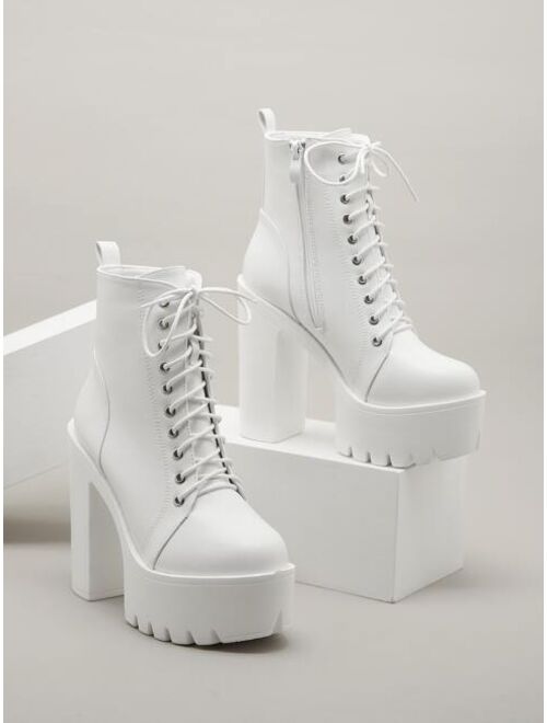 Shein Minimalist Lace Up Front Chunky Heeled Combat Boots
