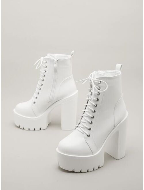 Shein Minimalist Lace Up Front Chunky Heeled Combat Boots