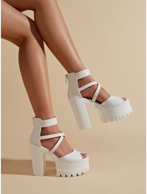 Shein Peep Toe Zipper Back Platform Chunky Heeled Ankle Strap Sandals