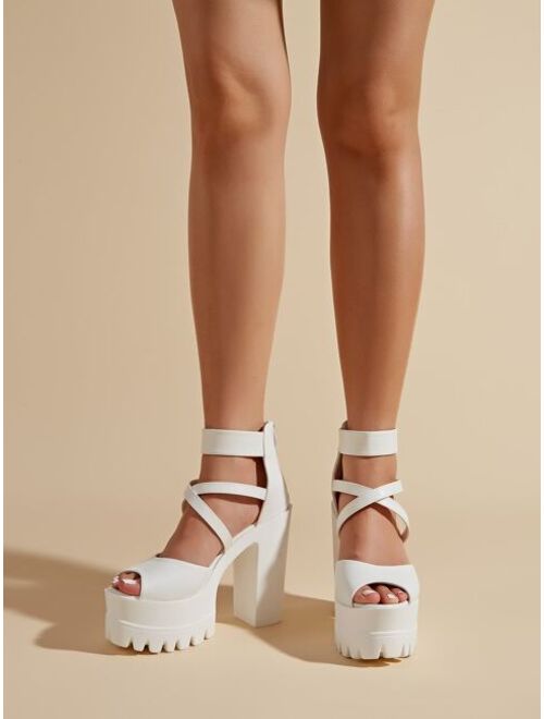 Shein Peep Toe Zipper Back Platform Chunky Heeled Ankle Strap Sandals