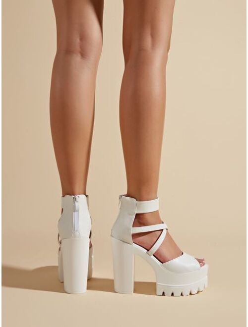 Shein Peep Toe Zipper Back Platform Chunky Heeled Ankle Strap Sandals