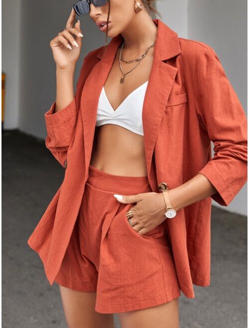 Shein Solid Lapel Collar Button Front Blazer And Shorts Set