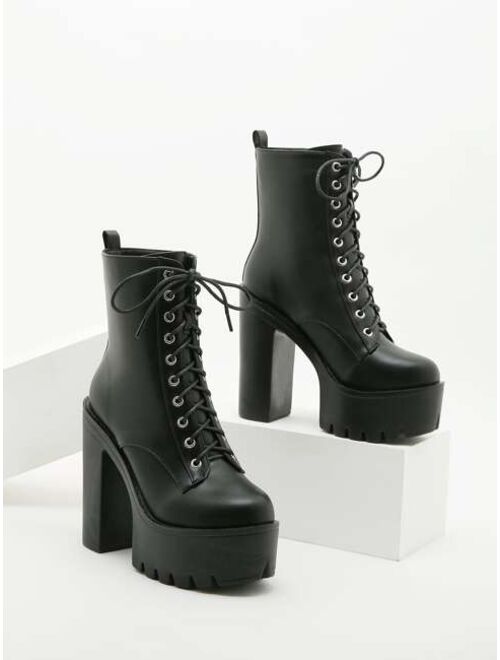 Shein Minimalist Lace-up Front Platform Chunky Heeled Boots