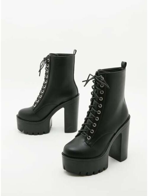 Shein Minimalist Lace-up Front Platform Chunky Heeled Boots