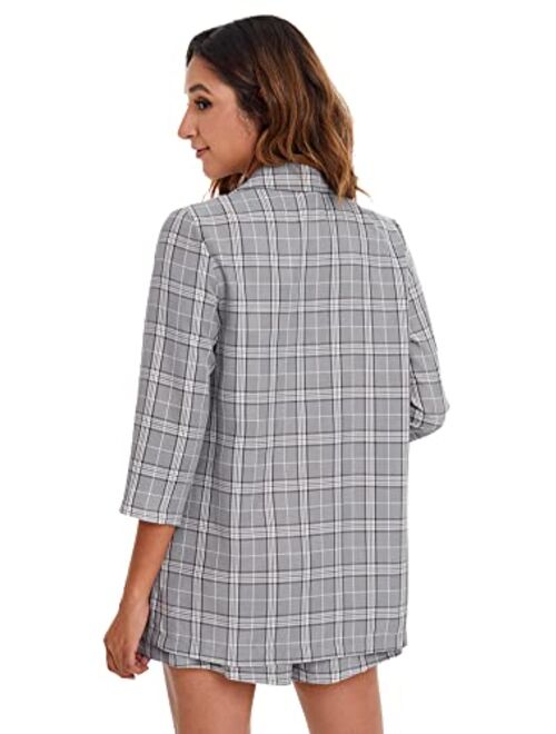 SheIn Women's 2 Pieces Plaid Long Sleeve Lapel Blazer with Elastic Waist Shorts Set
