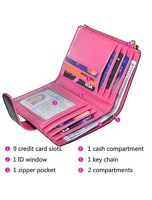 Leamekor Womens Wallets RFID Small Compact Bifold Leather Card Holder Zip Pocket Keychain