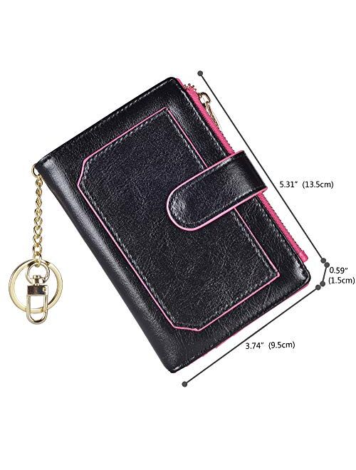 Leamekor Womens Wallets RFID Small Compact Bifold Leather Card Holder Zip Pocket Keychain