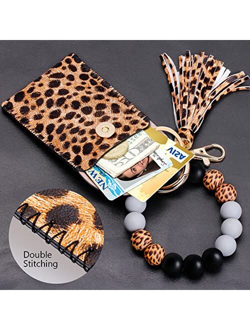 UpUDo Keychain Bracelet Wristlet, Silicone Beaded Key Ring Bracelet with Card Wallet, Elastic Keyring Bangle for Womens
