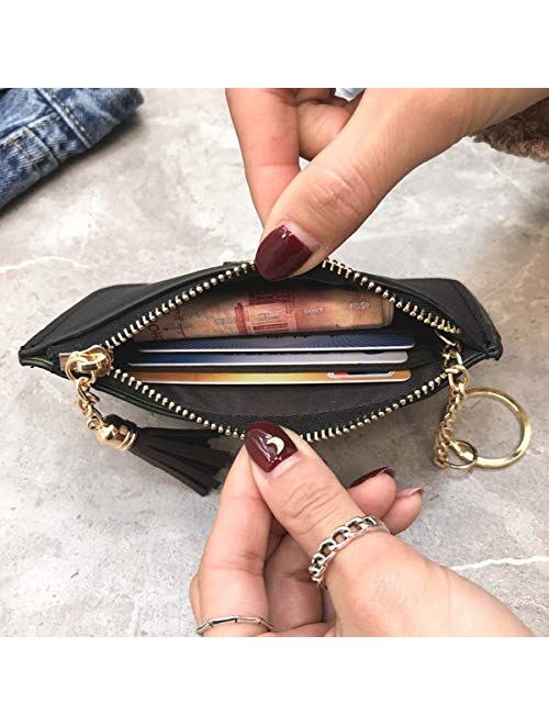 AnnabelZ Coin Purse Change Wallet Pouch Leather Card Holder with Key Chain Tassel Zip(Black)