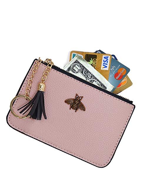 AnnabelZ Coin Purse Change Wallet Pouch Leather Card Holder with Key Chain Tassel Zip(Black)