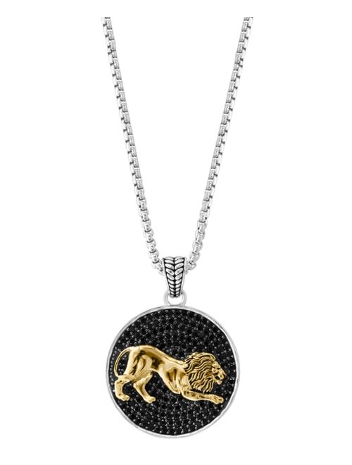 EFFY Collection EFFY® Men's Black Spinel Lion Disc 22" Pendant Necklace in Sterling Silver & 18k Gold-Plate