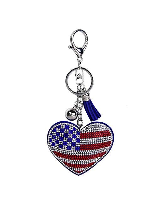 Teensery 2 Pcs Sparkling Heart Shaped Rhinestone American Flag Pendant with Tassel Keychain for Purse Cars Decoration