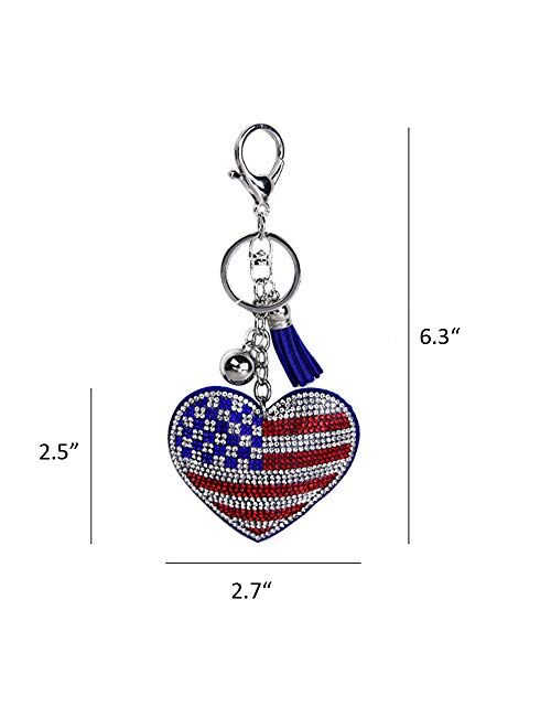 Teensery 2 Pcs Sparkling Heart Shaped Rhinestone American Flag Pendant with Tassel Keychain for Purse Cars Decoration
