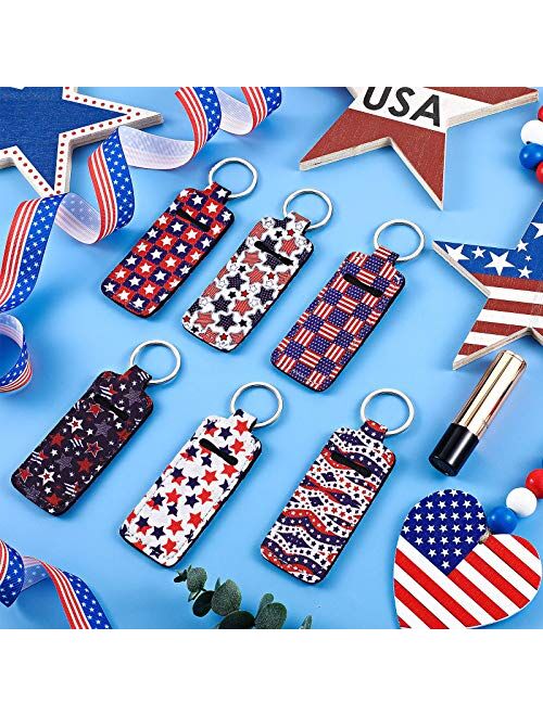 Patelai 6 Pieces American Independence Day Chapstick Holder Keychains Patriotic Lipstick Holder Clip-on Sleeve Chapstick Pouch Lip Balm Lipstick Holder Keychain with Meta
