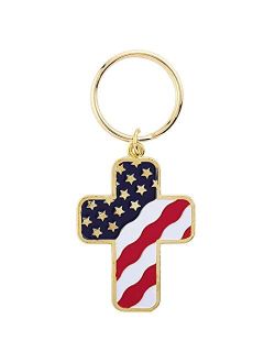 Amz Beads Patriotic Gold Toned Cross American United States Flag Keychain Key Chain 3.5 inches