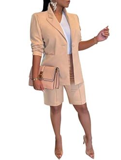 Famnbro Women's Blazer Sets 2 Piece Outfits Lapels Jacket High Waisted Shorts Work Business Suits