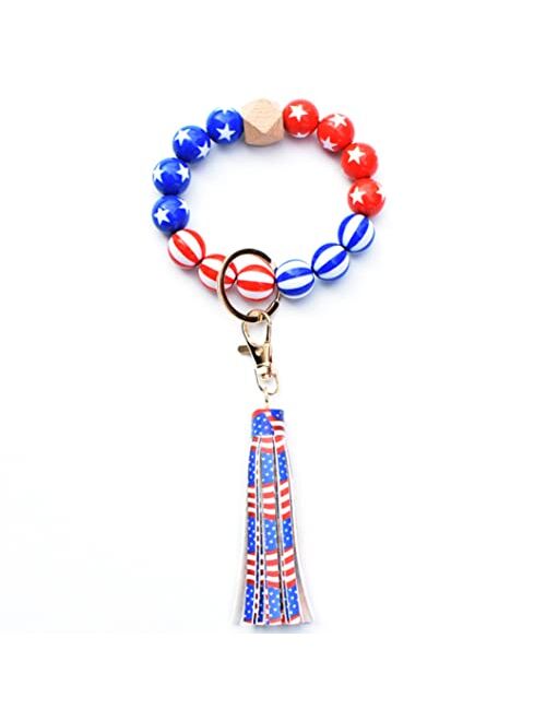 Ptuanzrit Women Wood Beaded Bangle Key Ring Wristlet Leather Tassel USA Flag Patriotic Beaded Bracelet Keychain for 4th of July