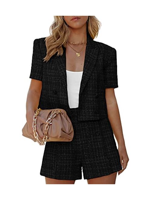 MIRACMODA Womens 2 Piece Outfits Short Sleeve Cropped Top Tweed Blazer with Shorts Elegant Business Office Work Suit Sets