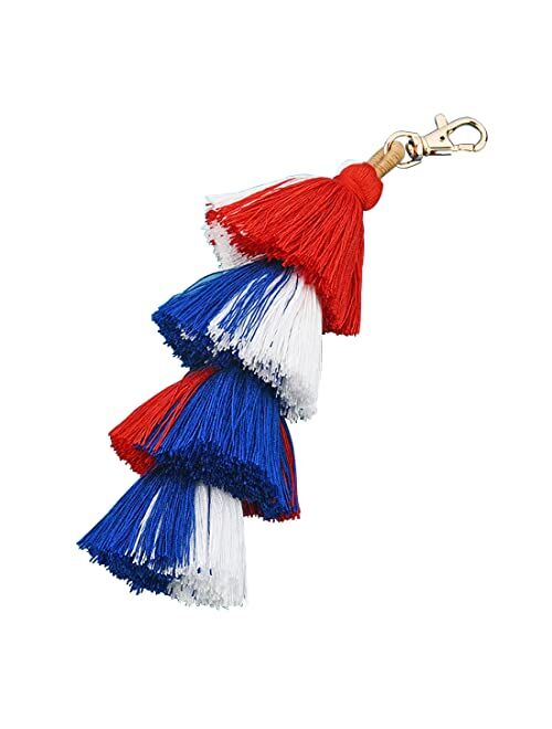 Meimimix Boho American Flag Color Keychains Pom Pom Tassel Macrame Car Keyring Holder Bag Wallet Purse for Women Girls