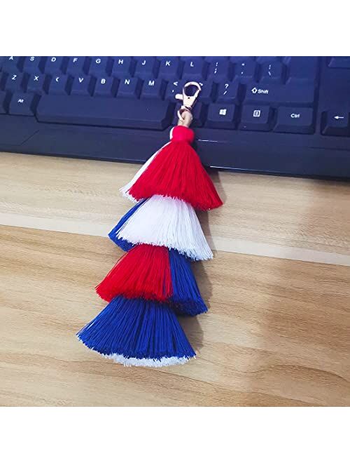 Meimimix Boho American Flag Color Keychains Pom Pom Tassel Macrame Car Keyring Holder Bag Wallet Purse for Women Girls