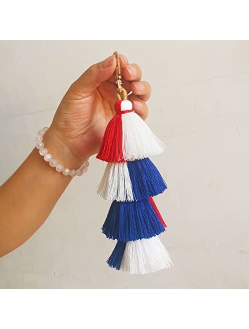 Meimimix Boho American Flag Color Keychains Pom Pom Tassel Macrame Car Keyring Holder Bag Wallet Purse for Women Girls
