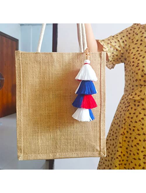 Meimimix Boho American Flag Color Keychains Pom Pom Tassel Macrame Car Keyring Holder Bag Wallet Purse for Women Girls