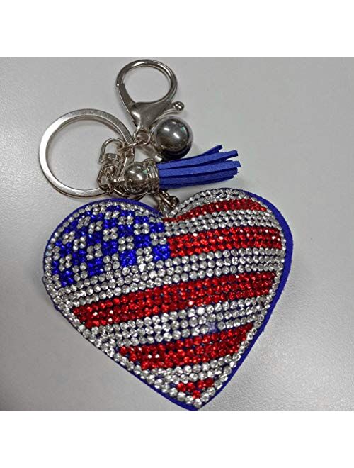 NUOBESTY 2Pcs American Flag Keychains Heart Shape Rhinestone Keyring Key Holder Bag Hanging Pendant for Handbag Purse Phone Party Favors Gift