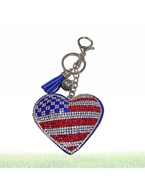 NUOBESTY 2Pcs American Flag Keychains Heart Shape Rhinestone Keyring Key Holder Bag Hanging Pendant for Handbag Purse Phone Party Favors Gift
