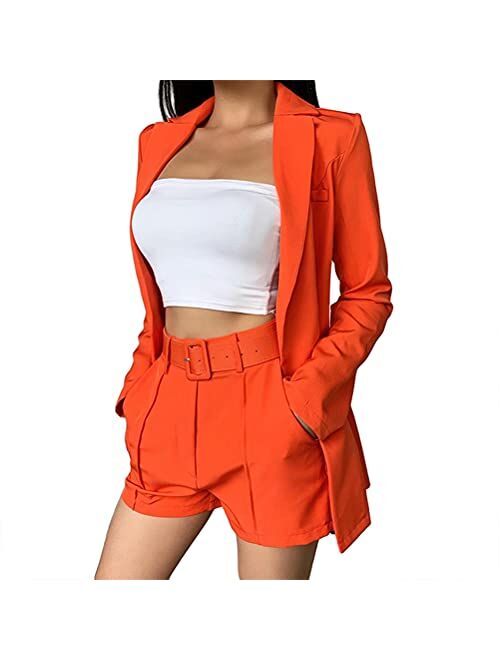 Marca: Tusftay Womens 2 Piece Casual Shorts and Blazer Outfits for Women Long Sleeve Open Front Blazer and Belted Shorts Set
