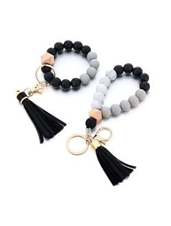 Alysha 2PCS Silicone Beaded Bracelet Keychain, Key Ring Bangle Wristlet Keychain with Leather Tassel for Women/Girls