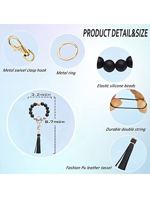 Alysha 2PCS Silicone Beaded Bracelet Keychain, Key Ring Bangle Wristlet Keychain with Leather Tassel for Women/Girls