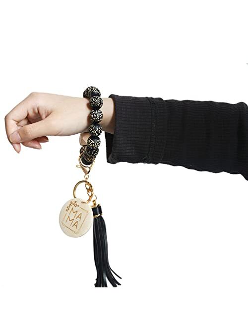 Lantintop Wood Beaded Bracelet Keychain Wristlet Key Ring Bangle with Leather Tassel for Women Mother Gift