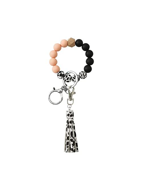 Nynppue Cow Print Silicone Beaded Wristlet Bracelet Keychain ,Leather Tassels Car Keychain Key Ring for Women