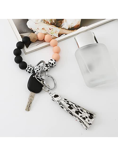 Nynppue Cow Print Silicone Beaded Wristlet Bracelet Keychain ,Leather Tassels Car Keychain Key Ring for Women