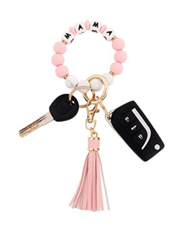 Baosiwa Silicone Beaded Bracelet Keychain Wristlet Key Ring Bangle Chains for Women with Leather Tassel