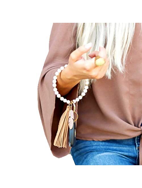 Loodial Boho Stone Key Ring Bracelet Beaded Keychain Wristlet with Tassel Keychains for Women