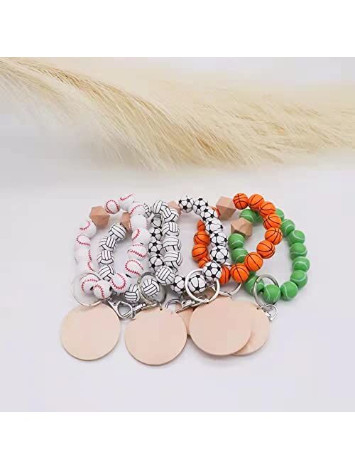 Mapott Keychain Wristlet Bracelet Wooden Beaded Keyring for Women with Round Wood Chips