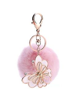 Harlorki Artificial Fur Butterfly Shape Pendent Ball Keychain Handbag Car Key Ring ( Pink )