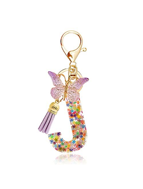 OKAICEN Snowflakes Alphabet Initial Letter Keychain Purple Tassel Butterfly Pendant Key Ring for Purse Handbags Women Girl