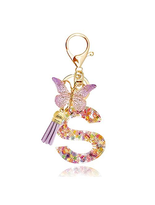 OKAICEN Snowflakes Alphabet Initial Letter Keychain Purple Tassel Butterfly Pendant Key Ring for Purse Handbags Women Girl