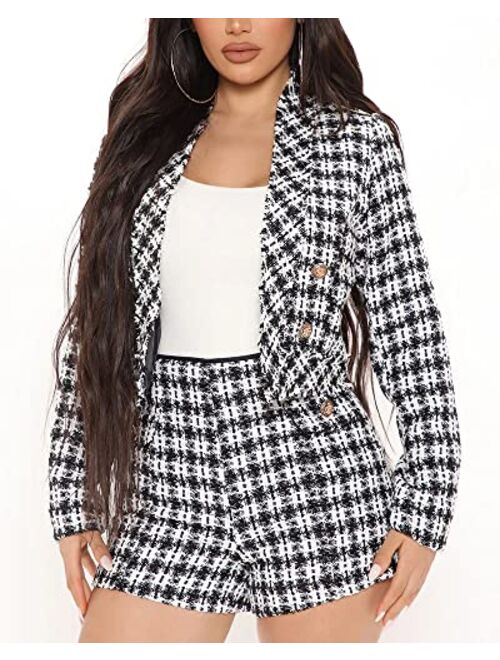 BZB Women's 2 Piece Outfits Long Sleeve Blazers and Short Pants Tweed Plaid Button Open Front Top Elegant Business Suit Sets
